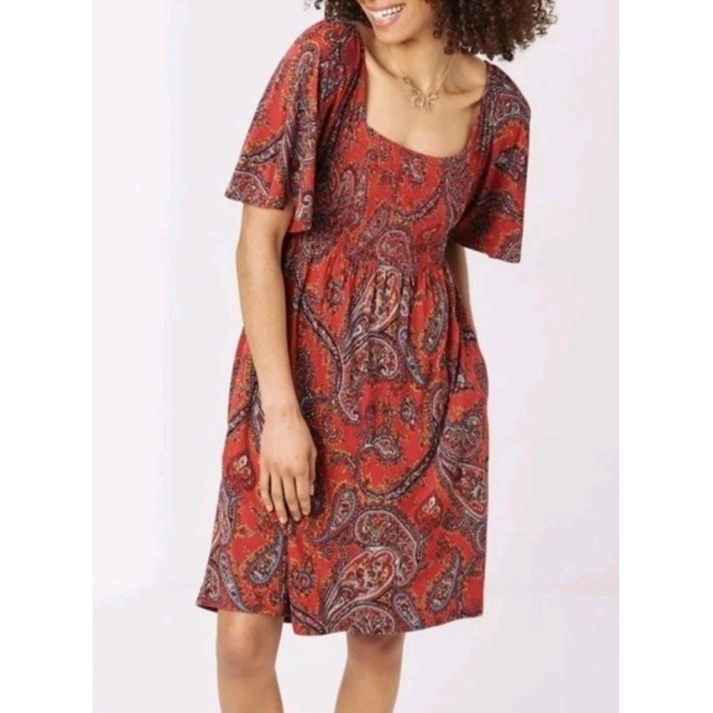 Fat Face‎ Paisley Jersey Dress Cherry Red Size 4 NWT Smocked Pockets Boho Casual